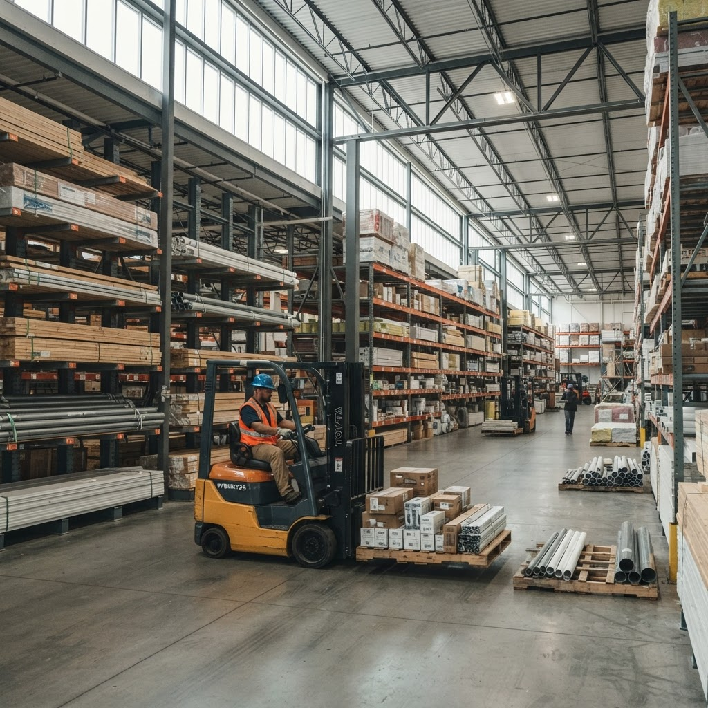 Building-products distribution warehouse with racked material and staff staging a pallet order