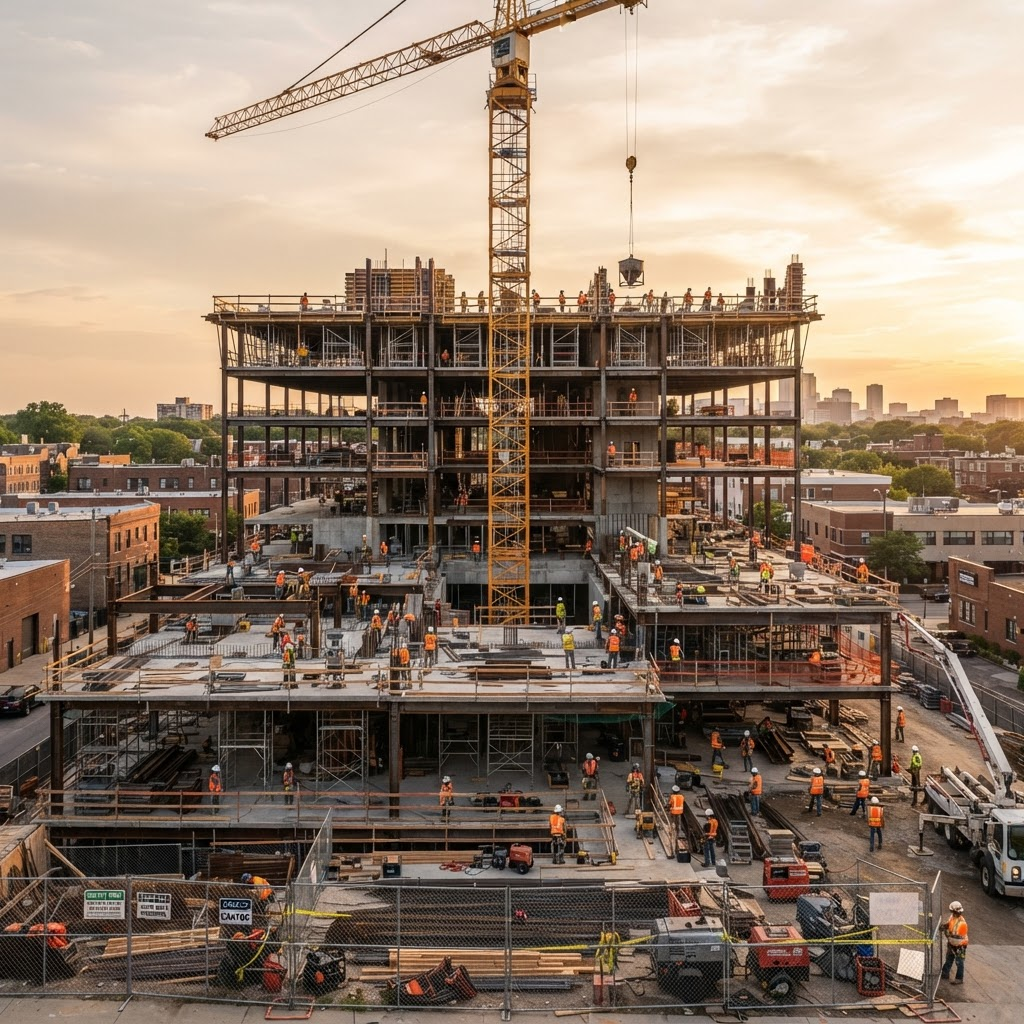 Steel-framed commercial building under construction beneath a tower crane at golden hour