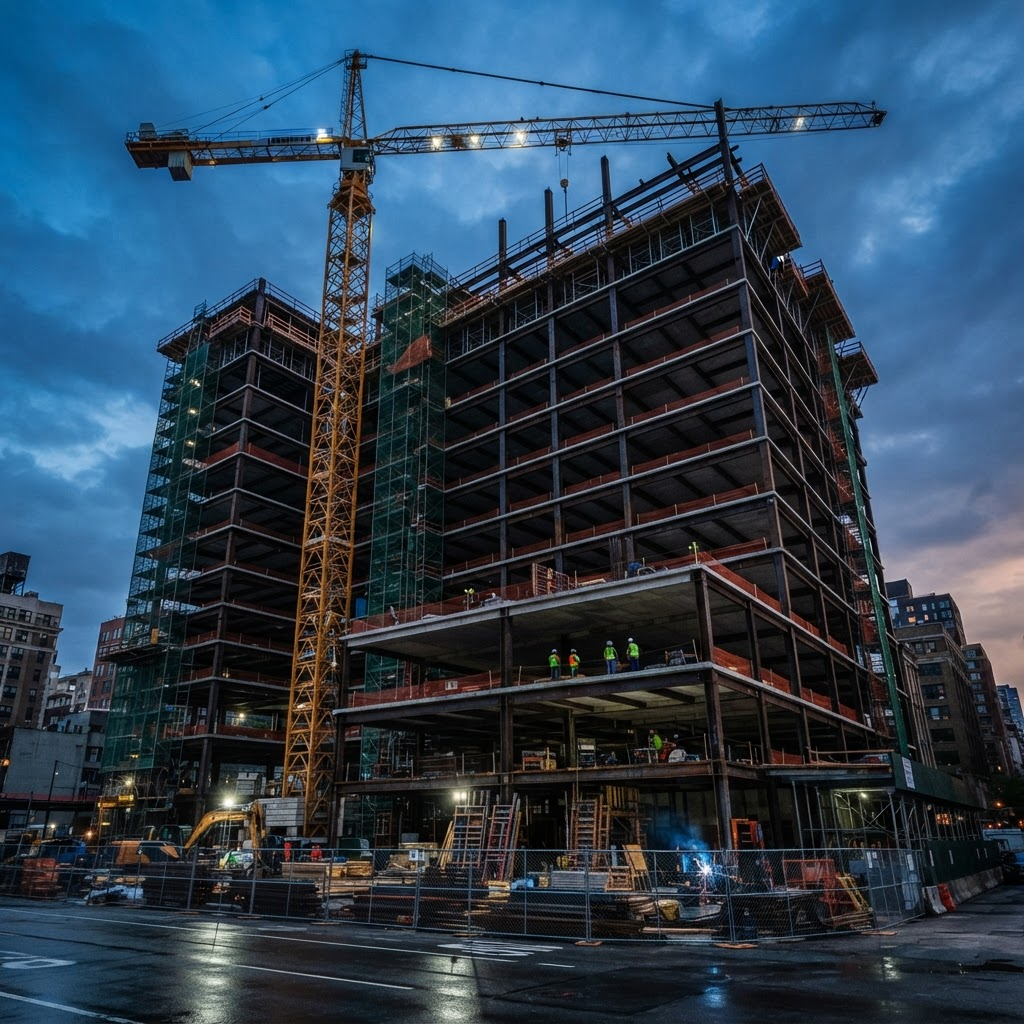 Steel-framed commercial building under construction at dusk beneath a tower crane