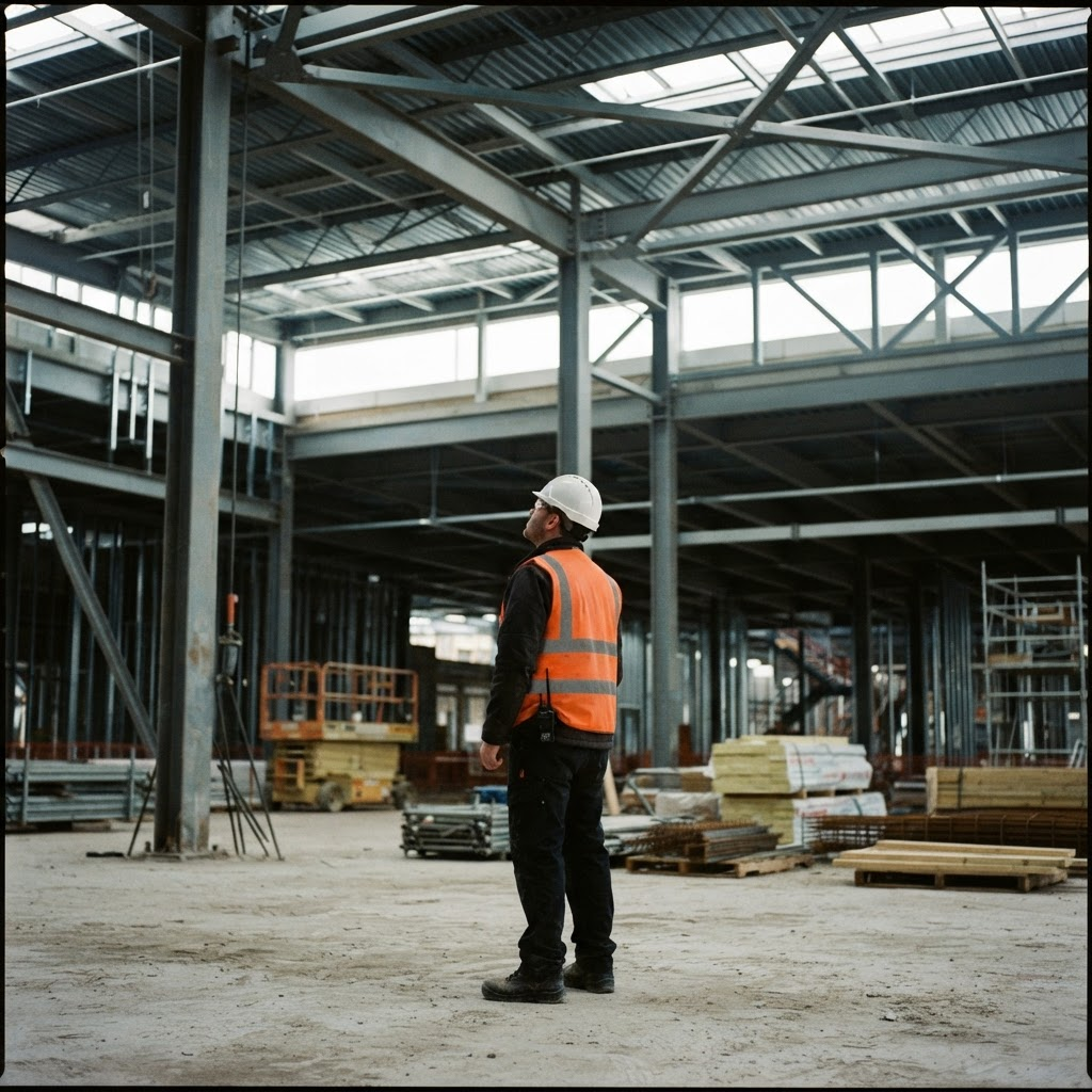 Operations leader in a hard hat and high-visibility vest inside the steel structure of an industrial facility under construction