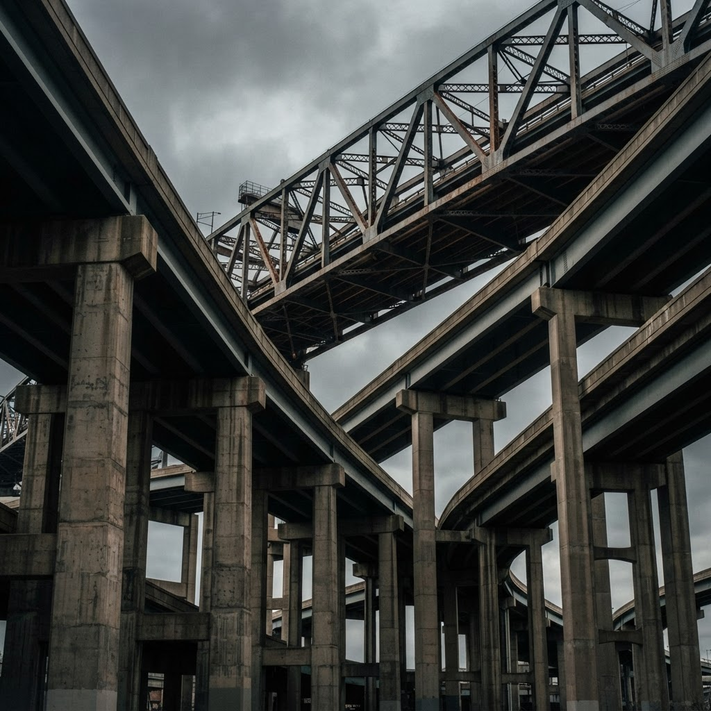 Heavy concrete and steel highway infrastructure with strong repeating supports
