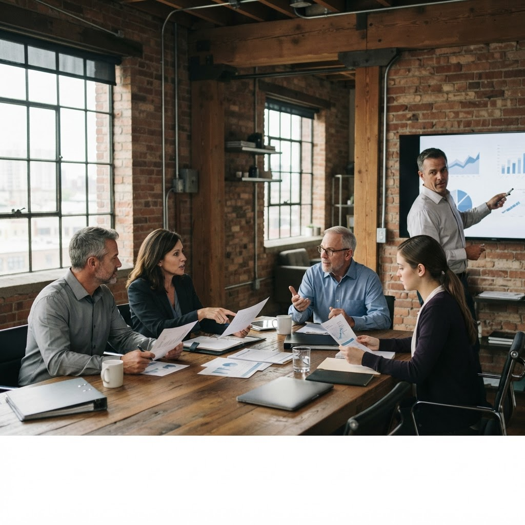 Ownership group reviewing operating reports for several companies around a boardroom table