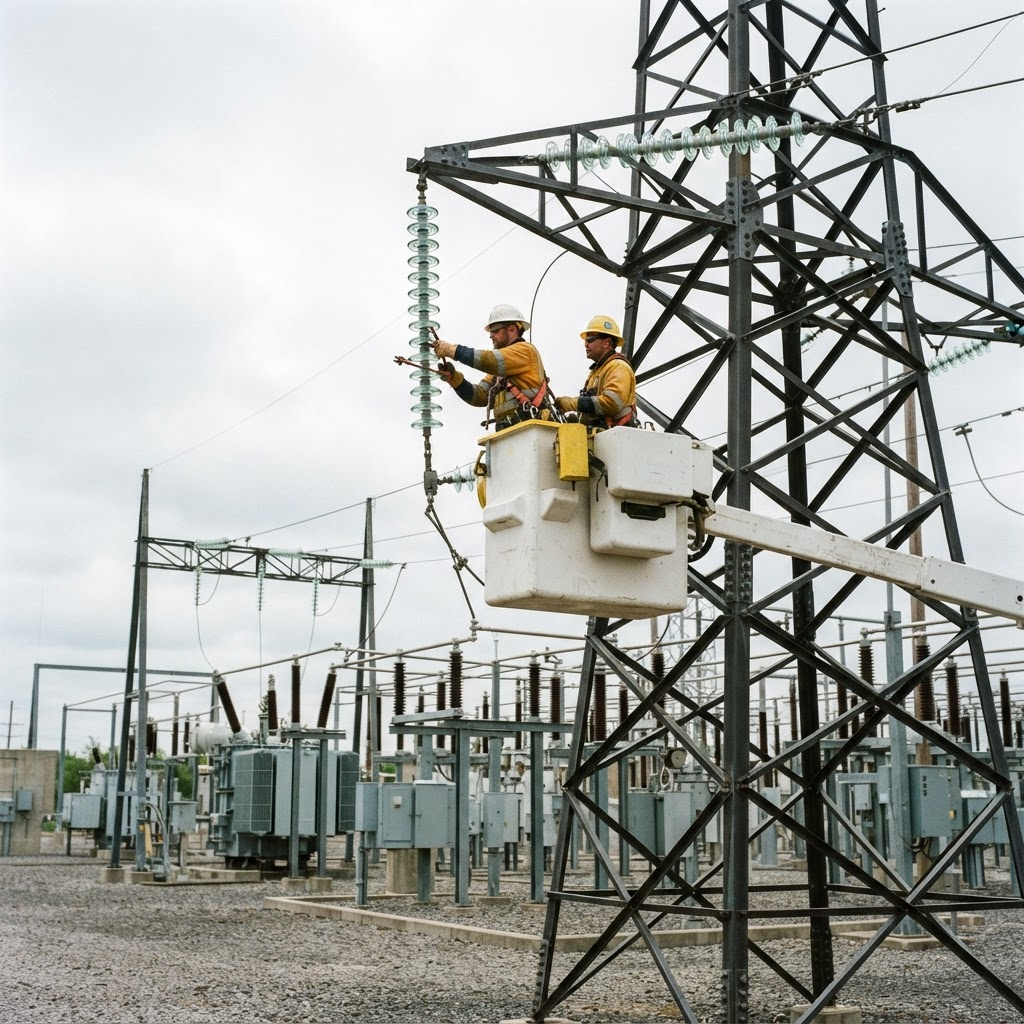 Utility line workers servicing a high-voltage transmission tower above a substation