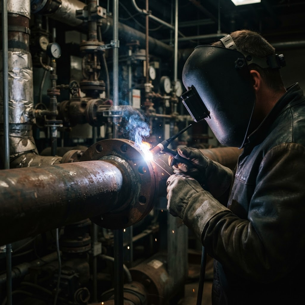 Pipefitter welding a flange on a large steel pipe in a mechanical plant room